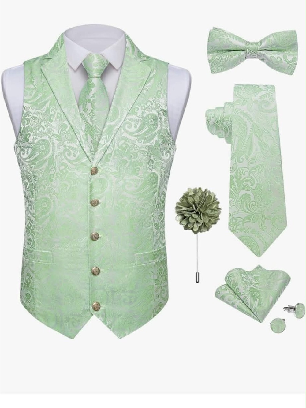 Men's Paisley Vest and Tie Set - Light Green